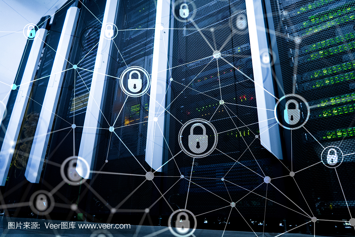 網(wǎng)絡安全,信息隱私,數(shù)據(jù)保護概念在現(xiàn)代服務器室背景下?；ヂ?lián)網(wǎng)和數(shù)字技術(shù)的概念。